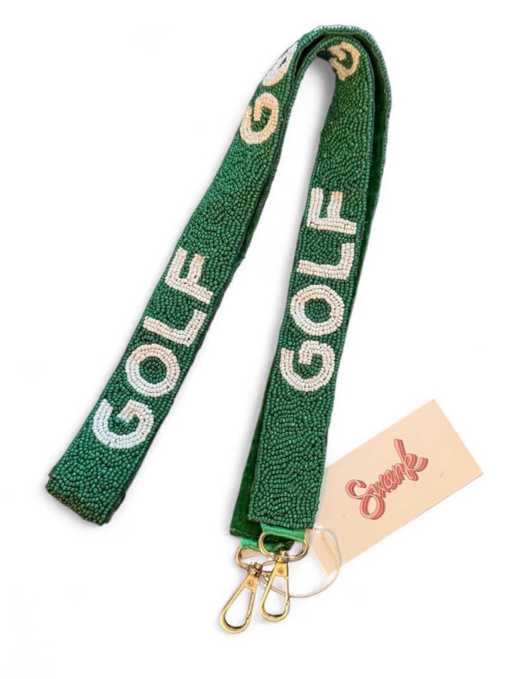 SWANK beaded purse strap GOLF. Gold hardware and felted backside. NWT.